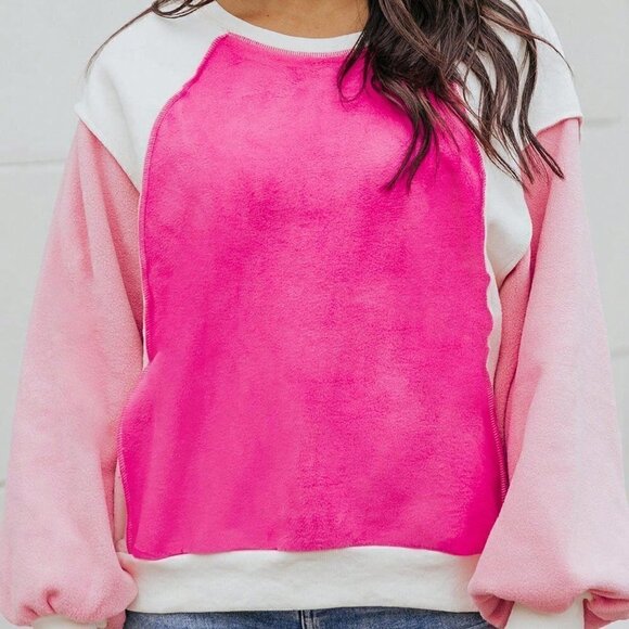 . Tops - Pink Casual Womens Colorblock Lantern Sleeve Sweatshirt